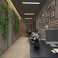 Modern Public Office Space With Desks Computers Framed Photos Green Plant Walls And Natural Light
