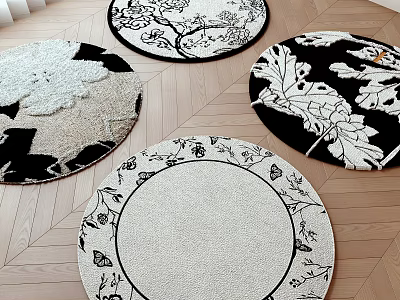 Four Round Rugs With Floral Leaf Patterns On Herringbone Wood Floor 3d model