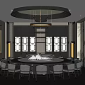 Traditional Chinese Private Dining Room Interior With Round Pendant Lights Landscape Painting And Round Table