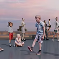 Group of People Relaxing Outdoor Evening Sitting on Benches with Sunset Sky and Smartphones