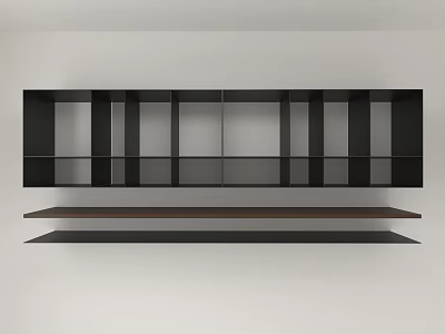 Black Wall Mounted Shelf with Multiple Compartments and Two Lower Wooden Black Shelves 3d model