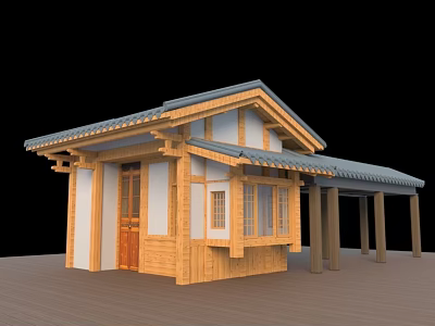 Traditional Japanese Style Wooden Leisure Area With Sloped Roof Veranda And Dark Door 3d model