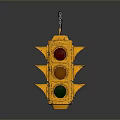 Worn Yellow Traffic Light Hanging From Wire With Three Lights On Gray Background