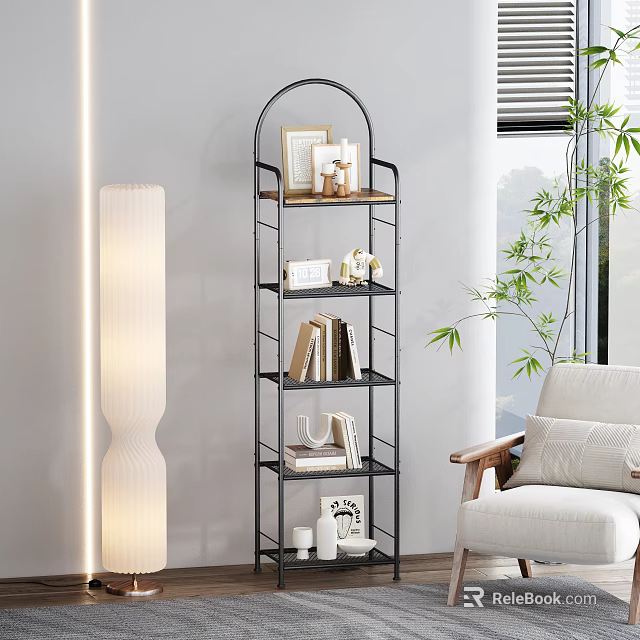 Decorative Ornament Set on Black Multi Tiered Rack with Books Photo Frames and Wine Glasses 3d model 
