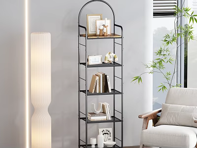 Decorative Ornament Set on Black Multi Tiered Rack with Books Photo Frames and Wine Glasses 3d model