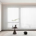 White Vertical Blinds in Modern Interior With Window Small Table Plant Decorations