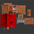 Wooden Building With Red Roof Water Mill Wheel And Mechanical Conveyor Detailed Design