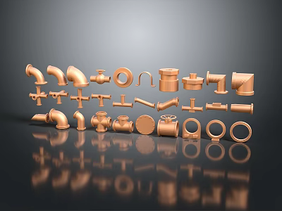 3D Rendered Copper Colored Hardware Tools With Various Pipe Fittings Joints Valves And Reflective Finish 3d model