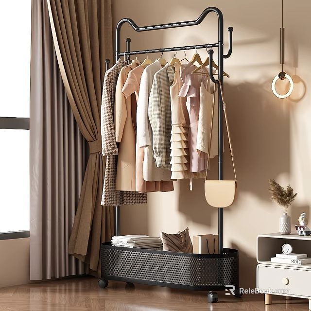 Modern Black Metal Hanger Rack With Hanging Clothes Shirts Dresses Beige Curtain Folded Clothes Handbag 3d model 
