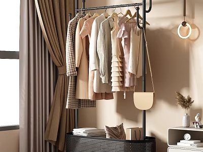 Modern Black Metal Hanger Rack With Hanging Clothes Shirts Dresses Beige Curtain Folded Clothes Handbag 3d model
