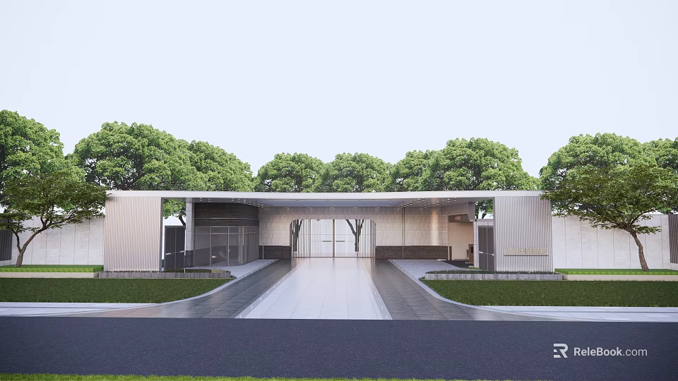 Modern Entrance Gate With Minimalist Structure Green Trees And Smooth Pathway 3d model