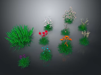 Various Garden Plants With Green Grass And Colorful Flowers In Different Forms 3d model