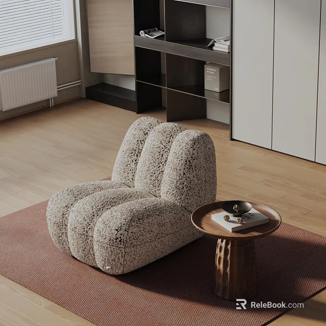 Plush Light Gray Accent Chair With Rounded Design In Modern Interior With Wooden Side Table 3d model 