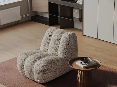 Plush Light Gray Accent Chair With Rounded Design In Modern Interior With Wooden Side Table 3d model