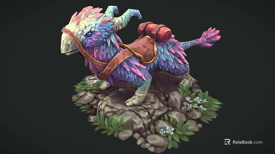 Vibrant Feathered Fantasy Creature With Red Backpack Standing On Rocky Ground And Green Plants 3d model 
