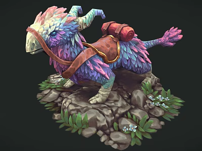 Vibrant Feathered Fantasy Creature With Red Backpack Standing On Rocky Ground And Green Plants 3d model