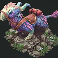 Vibrant Feathered Fantasy Creature With Red Backpack Standing On Rocky Ground And Green Plants