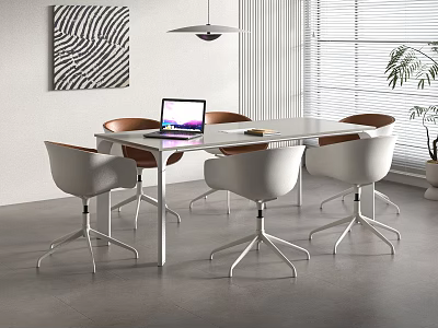 Modern Conference Table with White Chairs Laptop Abstract Wall Art Pendant Light and Potted Plant 3d model