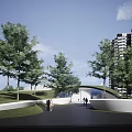Modern Building Facade With Curved Structure Greenery Trees And Pedestrian Pathway 3d model