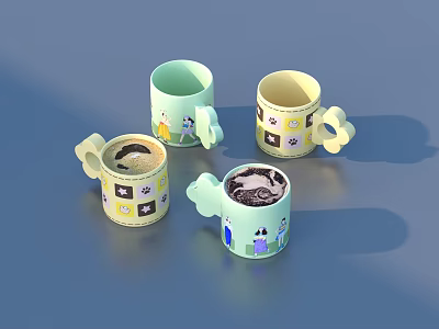 Four Household Mugs With Light Green Yellow Tones And Cartoon Star Patterns For Daily Use 3d model