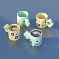 Four Household Mugs With Light Green Yellow Tones And Cartoon Star Patterns For Daily Use