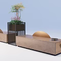 Wooden Landscape Seats With Curved Backrest And Planter Box With Green Plants