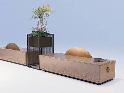 Wooden Landscape Seats With Curved Backrest And Planter Box With Green Plants 3d model