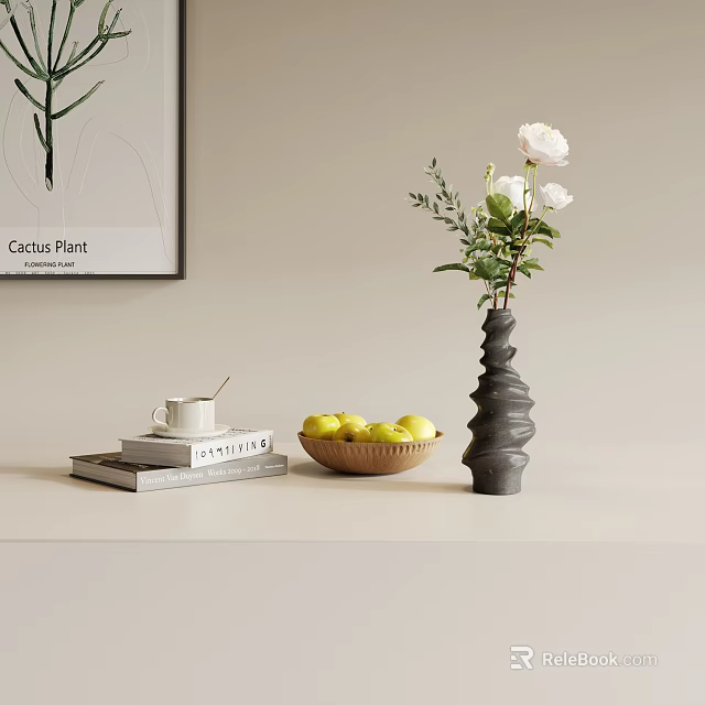 Decorative Ornament Set With White Flower Vase Yellow Fruits Wooden Bowl Books And Cactus Painting 3d model 