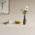 Decorative Ornament Set With White Flower Vase Yellow Fruits Wooden Bowl Books And Cactus Painting