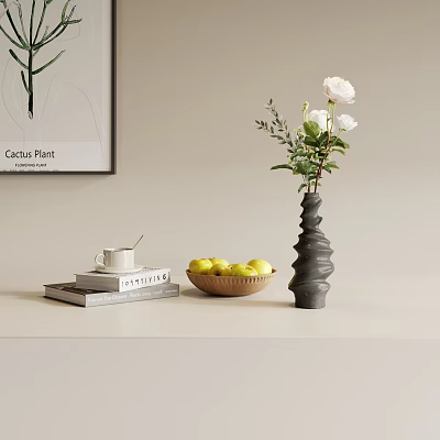 Decorative Ornament Set With White Flower Vase Yellow Fruits Wooden Bowl Books And Cactus Painting 3d model