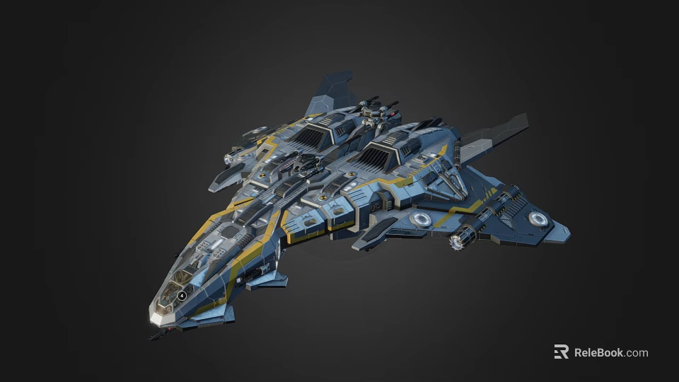 Futuristic Spaceship 3D Model With Blue Yellow Accents And Detailed Mechanical Parts 3d model 