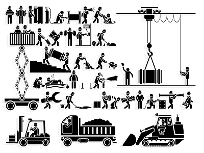 Wall Decor Design Featuring Construction Workers Equipment And Machinery Icons 3d model