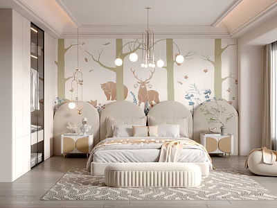 Kids Room With Forest Theme Wallpaper Bear Deer Patterns Chandelier Upholstered Headboard Rug And Nightstands 3d model