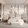 Kids Room With Forest Theme Wallpaper Bear Deer Patterns Chandelier Upholstered Headboard Rug And Nightstands