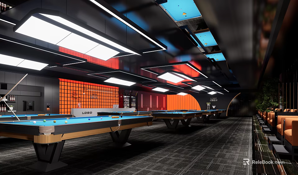 Modern Billiard Room Interior With Multiple Pool Tables Stylish Lighting And Orange Accents 3d model 