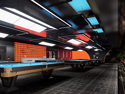 Modern Billiard Room Interior With Multiple Pool Tables Stylish Lighting And Orange Accents 3d model