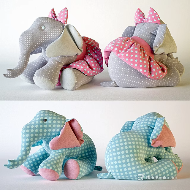 Cute Stuffed Elephant Dolls in Gray and Blue with Polka Dot Skirts and Pink Accents 3d model 
