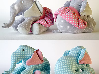 Cute Stuffed Elephant Dolls in Gray and Blue with Polka Dot Skirts and Pink Accents 3d model