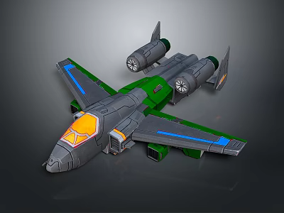 Green And Gray Toy Airplane Model With Blue Stripes Yellow Cockpit Wings And Engines 3d model