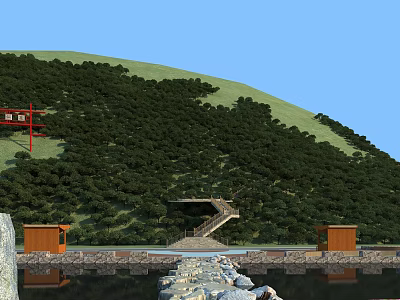 Scenic Garden Landscape with Green Hillside Lush Trees Red Pavilion Stone Path and Water Reflection 3d model