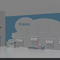 White Display Shelves For Kids Room With Blue Cloud Design And Cartoon House Figures