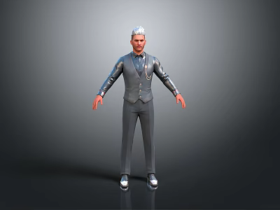 Stylish Man In Gray Suit Vest Silver Shirt With Necklace Standing Arms Outstretched 3d model