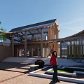 Boutique Guesthouse Building With Wooden Structure Terrace Outdoor Dining Tables Lawn And Stone Paved Path