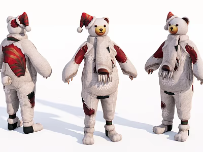 Game Movie Bear Character in White Costume With Red Patterns Santa Hat Three Angles View 3d model