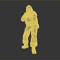 Man In Blue And Black Combat Suit With Helmet Green Glowing Eyes Holding Weapon