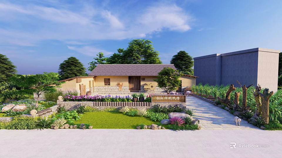 Traditional Country Courtyard With Yellow House Gray Roof Lush Garden Plants Trees And Stone Path 3d model 