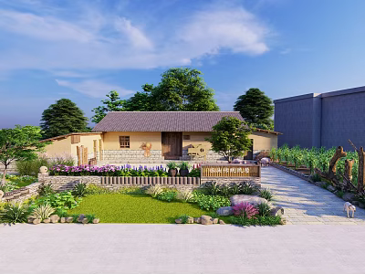 Traditional Country Courtyard With Yellow House Gray Roof Lush Garden Plants Trees And Stone Path 3d model