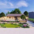 Traditional Country Courtyard With Yellow House Gray Roof Lush Garden Plants Trees And Stone Path