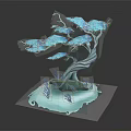 3D Stylized Blue Tree Plant With Gray Trunk Blue Leaves And Decorative Base