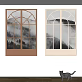 Two Arched Windows with Brown and Beige Frames Viewing Misty Mountain Scenery